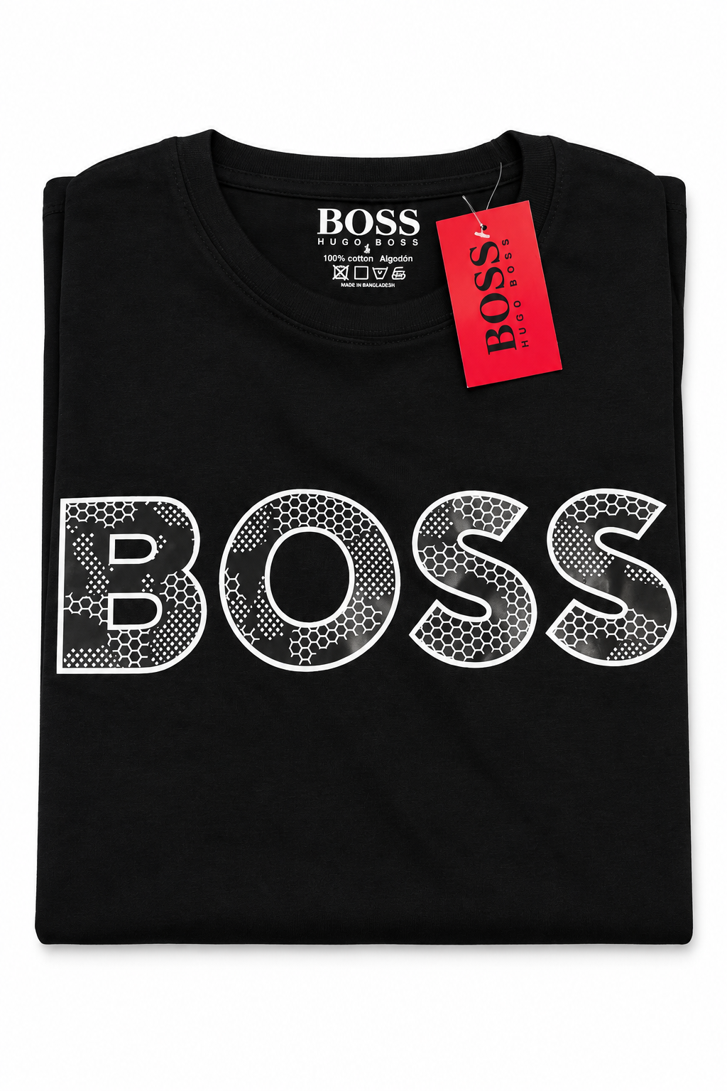 Polera BOSS negra con estampado geométrico blanco