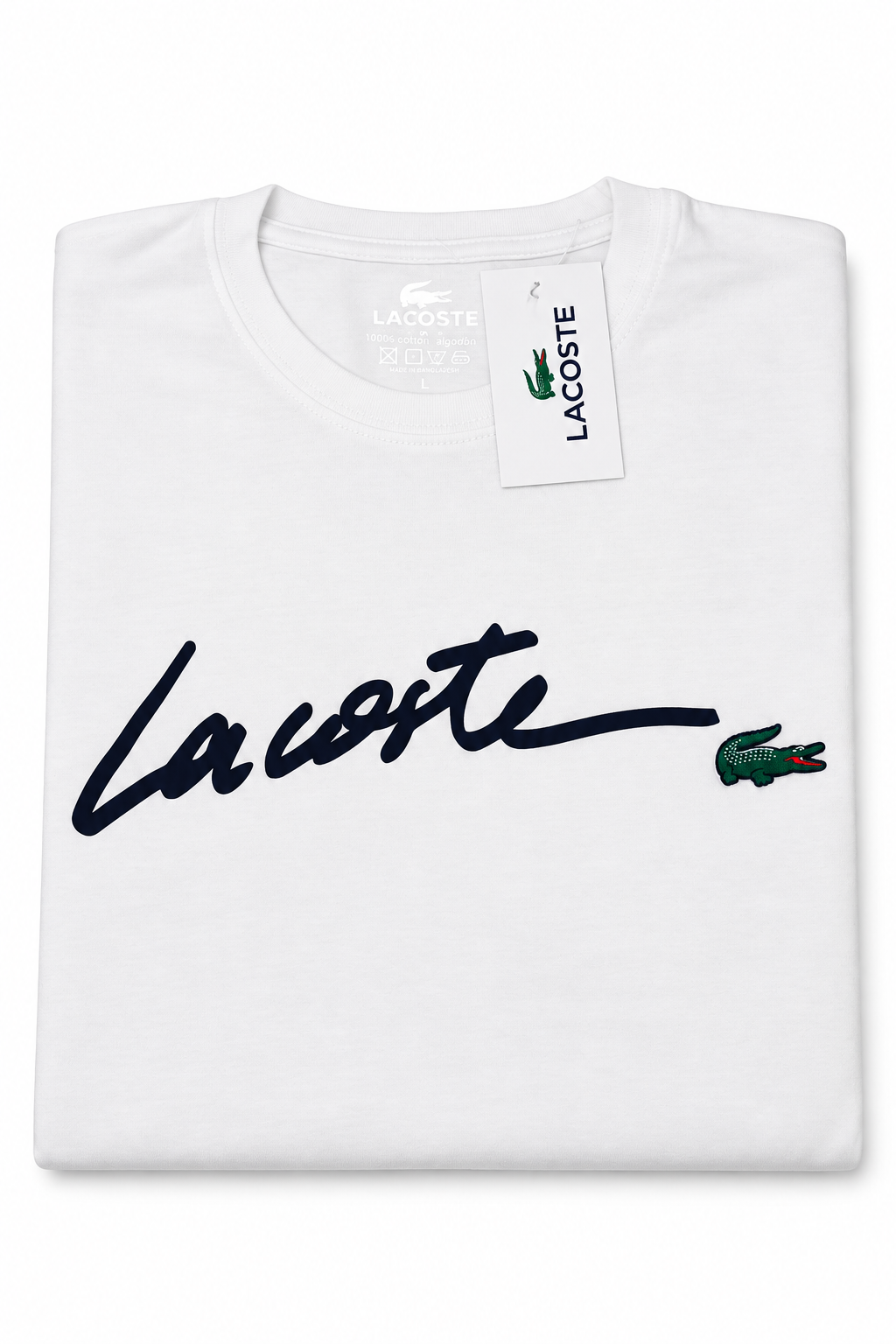 Polera Lacoste blanca con letras cursivas y cocodrilo verde