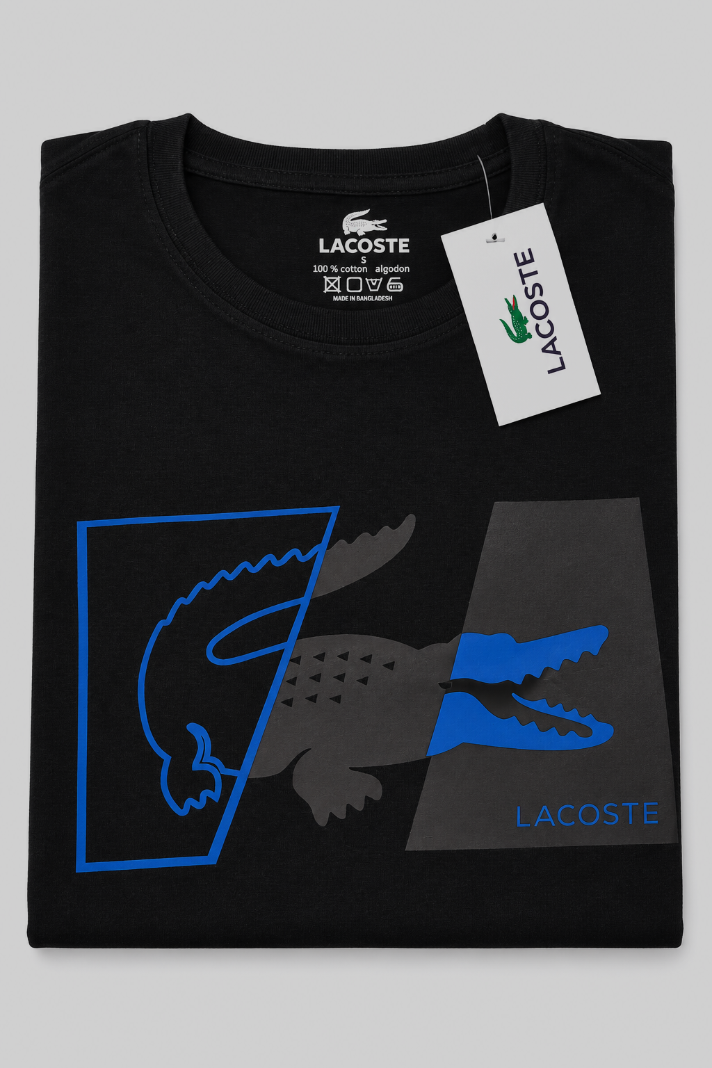 Polera Lacoste negra con estampado geométrico azul