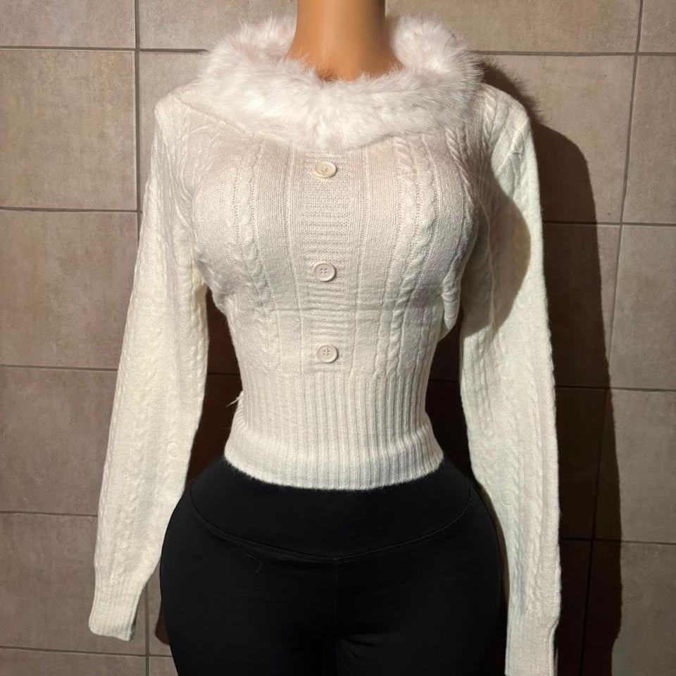 Suéter de Punto Trenzado con Cuello Peludo